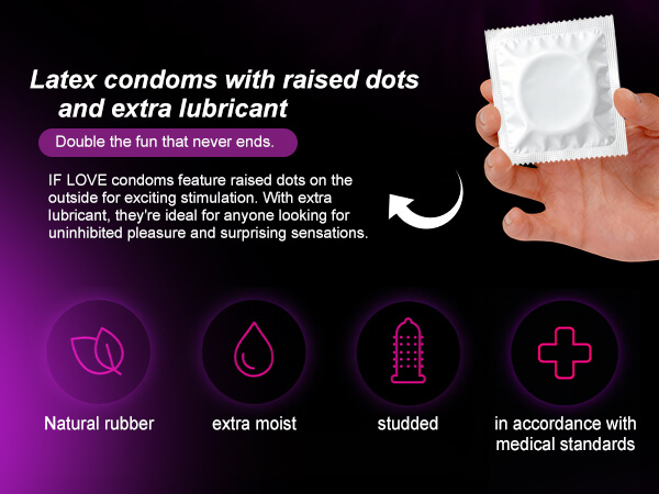 Close up of large raised dotted textured pre-lubricated condoms