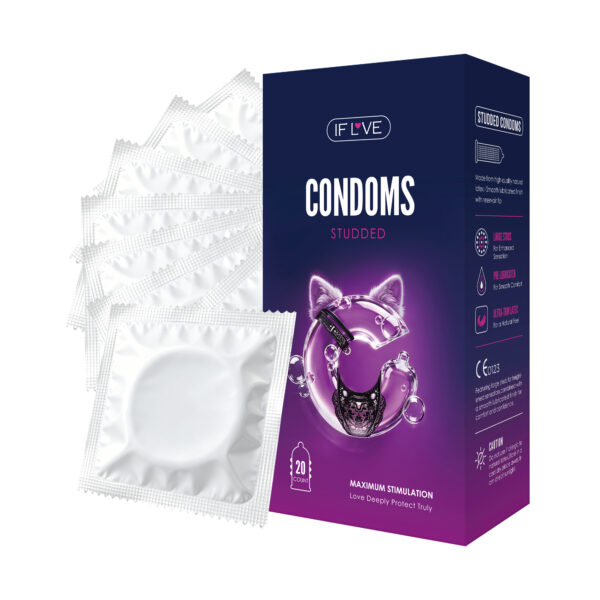 Close up of large raised dotted textured pre-lubricated condoms